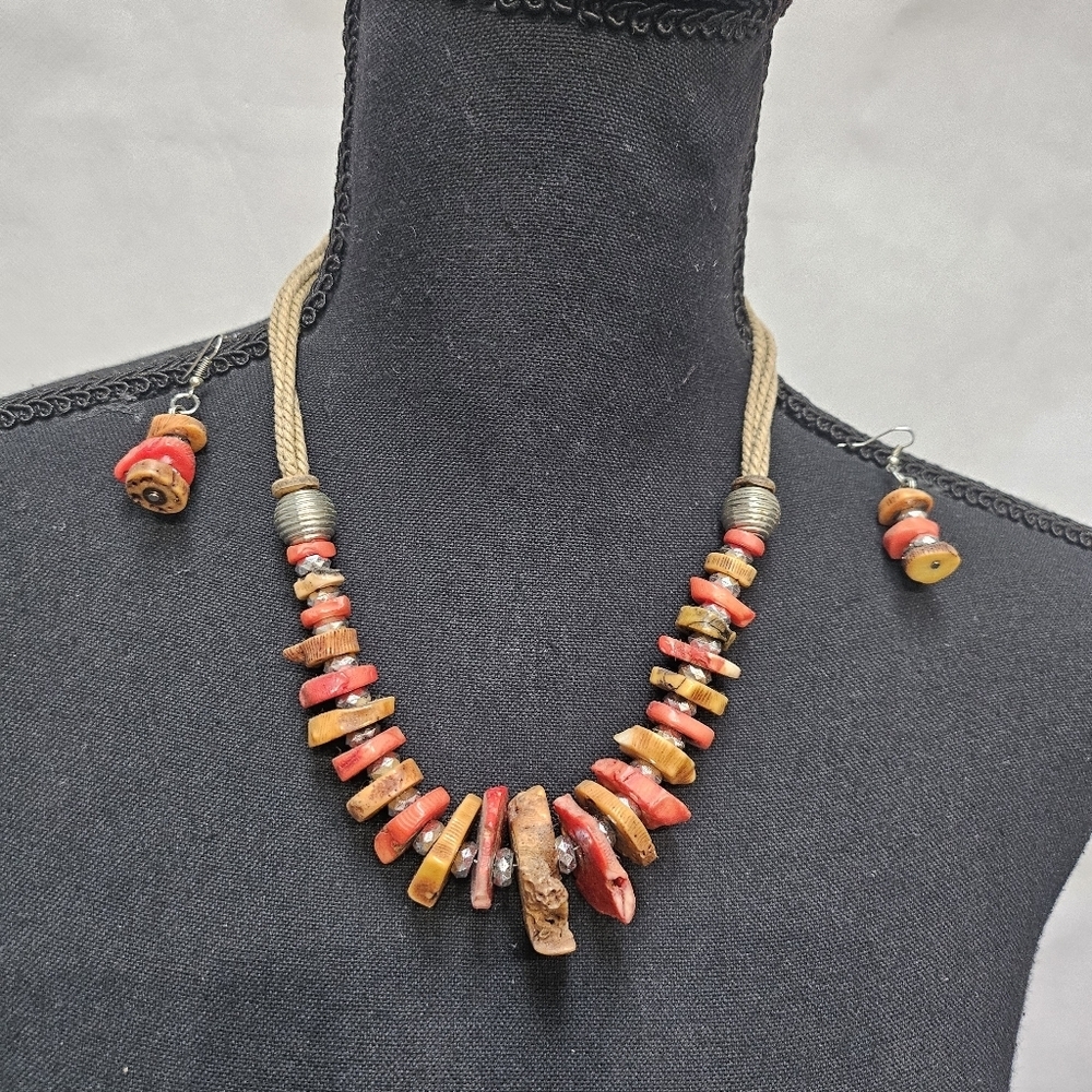 Handcrafted Red Tan Stone Inspired Beaded Necklace & Earrings